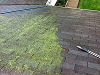 Roof shingles being cleaned, before and after image.